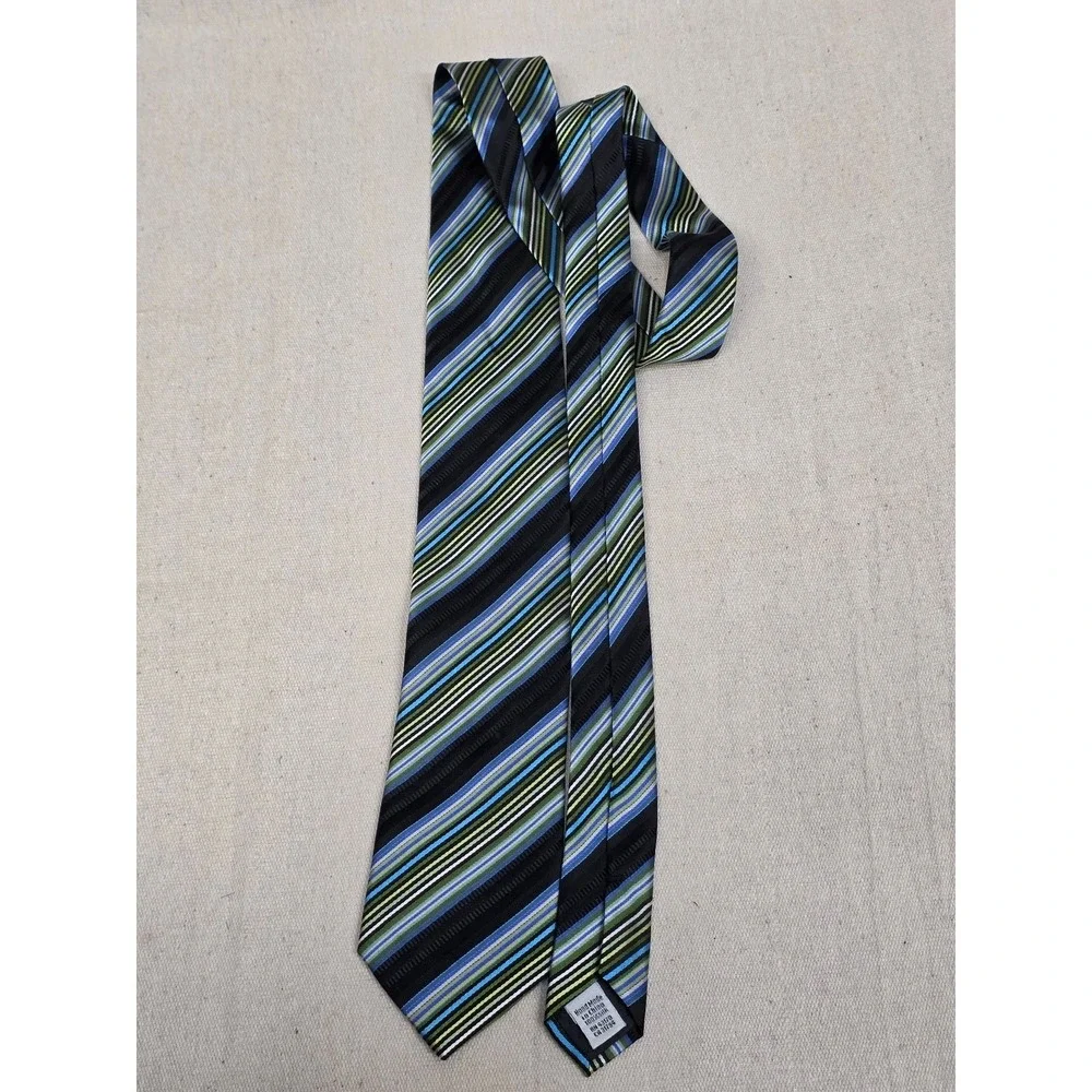 Geoffrey Beene Mens Silk Necktie Blue Green Black Diagonal‎ Striped Hand Made